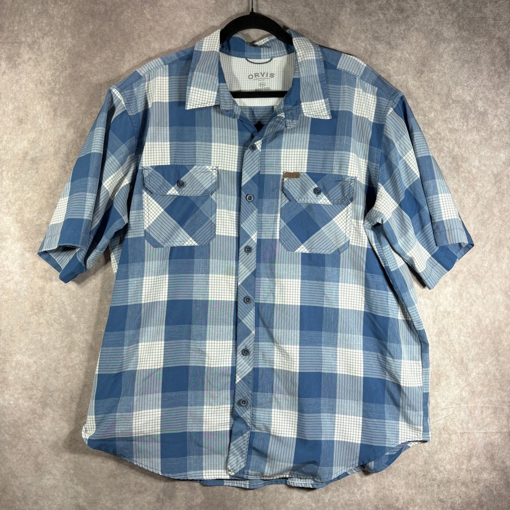 Orvis Button Down Shirt Mens XXL Blue Plaid Short Sleeve‎ Performance Fishing